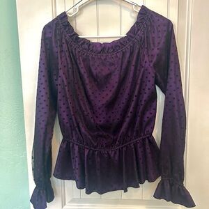 Adrianna Papell Purple Long-Sleeve Polka Dot Peplum Blouse Ruffle Top